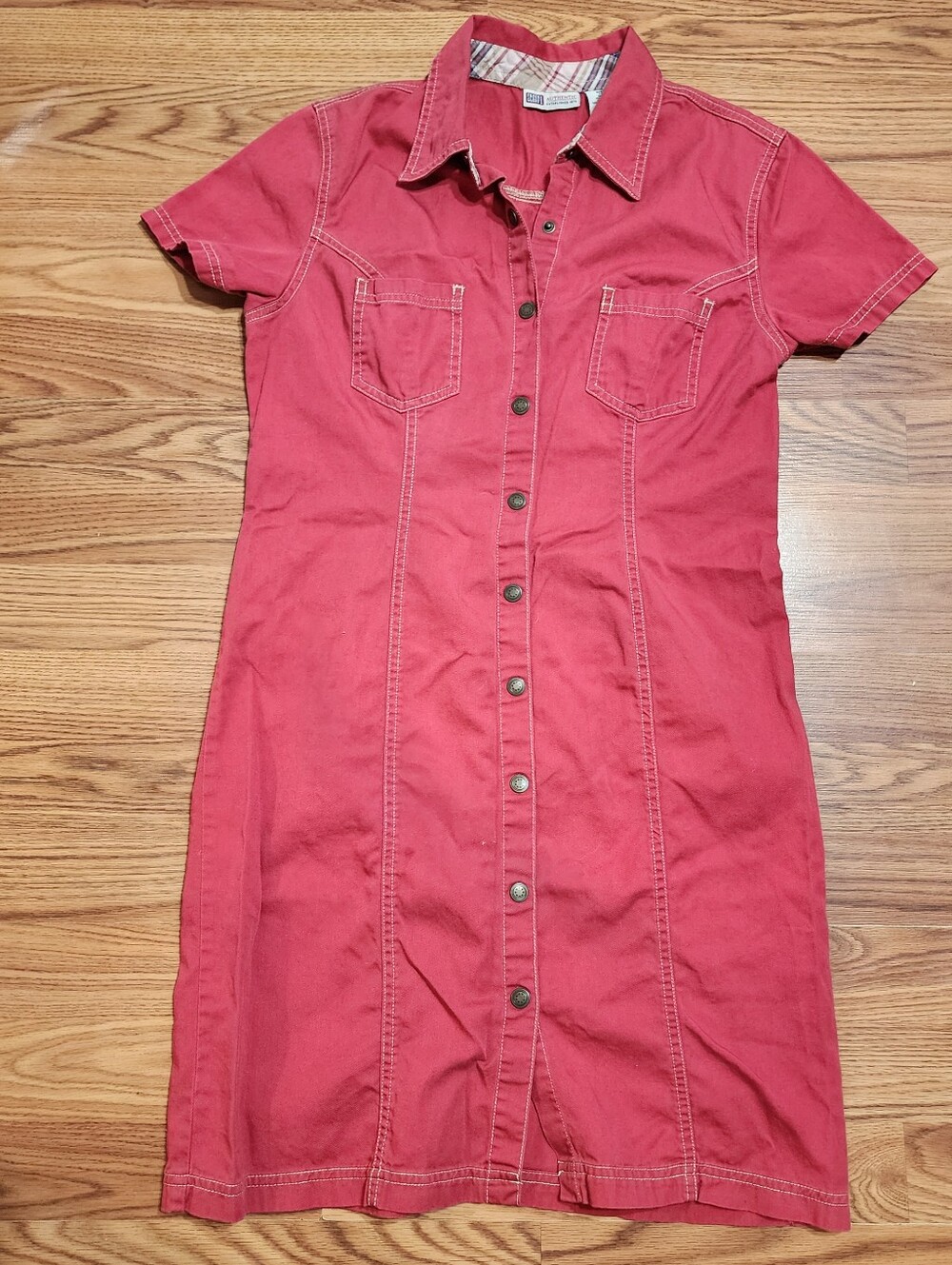 Vtg Y2k Faded Glory Red Shirt Dress Womens Button Front Utility Cotton Preppy M